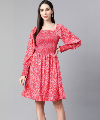 PLUSS Women Fit and Flare Pink Above Knee/Mid Thigh Length Dress