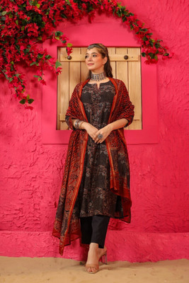 KESARII Women Fit and Flare Black, Red Midi/Calf Length Dress