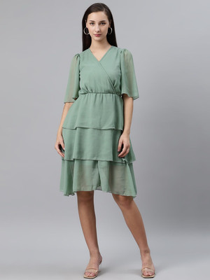 PLUSS Women Wrap Green Above Knee/Mid Thigh Length Dress