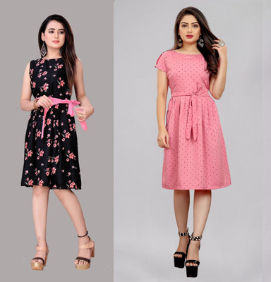 tanvi creation Women Fit and Flare Pink, Black Below Knee Dress