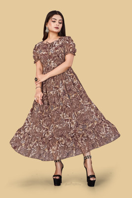 BENIXA TEXTILE Women Fit and Flare Brown Maxi/Full Length Dress