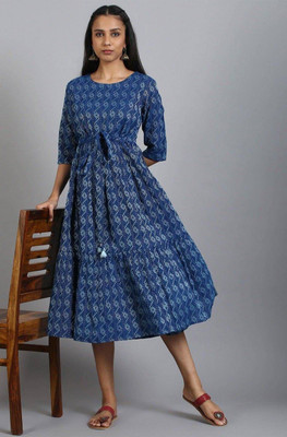 SUBH LAXMI Women A-line Dark Blue, White Midi/Calf Length Dress