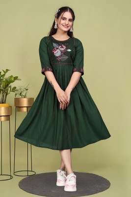 OVUSI Women Fit and Flare Green Dress