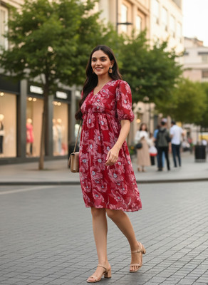 ROSEMELON Women Fit and Flare Maroon Above Knee/Mid Thigh Length Dress