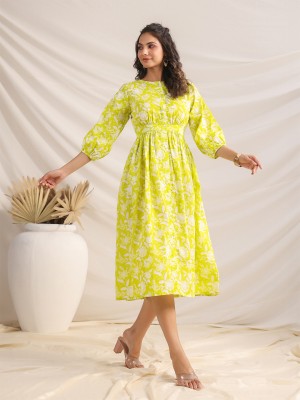 Janasya Women Gathered White, Light Green Dress