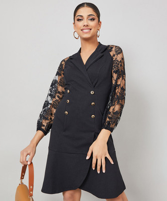Miss Chase Women Ruffled Black Knee Length Dress