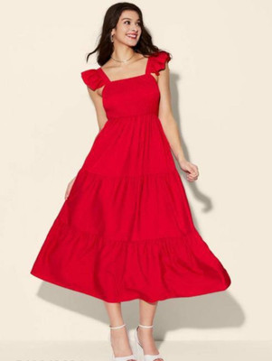 QeonCloset Women Fit and Flare Red Midi/Calf Length Dress