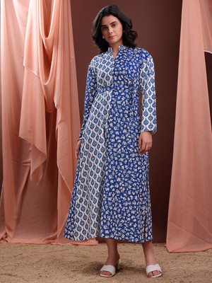 PURVAJA Women A-line Blue Maxi/Full Length Dress