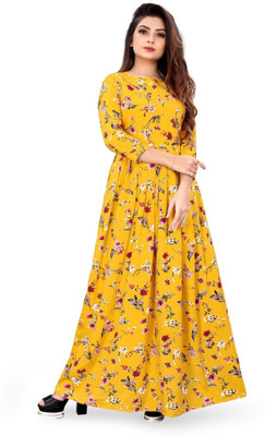 Hiral Creation Women Fit and Flare Yellow Maxi/Full Length Dress