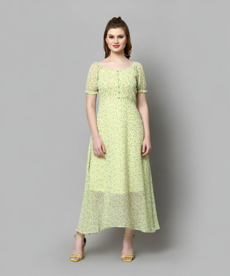 AAYU Women Fit and Flare Green Maxi/Full Length Dress