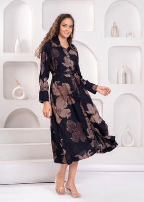 Highlight fashion export Women Fit and Flare Black Midi/Calf Length Dress