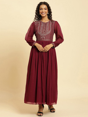 W Women Fit and Flare Purple Maxi/Full Length Dress