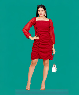 Oh Mi Dios Women Balloon/Bubble Red Above Knee/Mid Thigh Length Dress