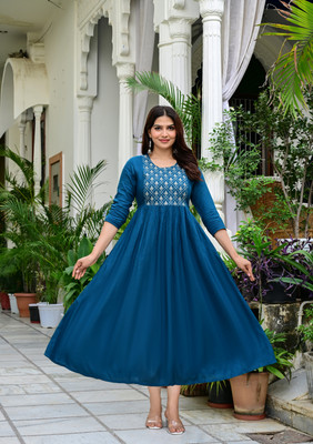 KULSUM Women Fit and Flare Light Blue Midi/Calf Length Dress