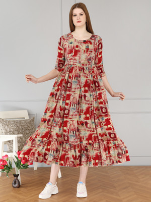 KAKA Women A-line Red Maxi/Full Length Dress