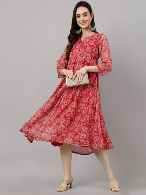Janasya Women Fit and Flare Red, White, Pink Midi/Calf Length Dress