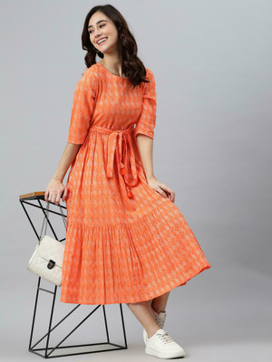 Kharoliya Women Fit and Flare Orange Midi/Calf Length Dress