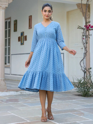 Janasya Women Fit and Flare Blue Midi/Calf Length Dress