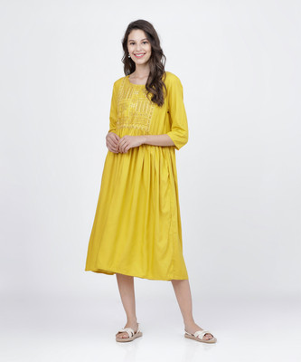 Vishudh Women Fit and Flare Yellow Midi/Calf Length Dress