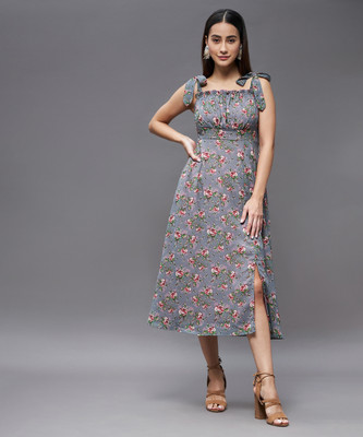 Miss Chase Women Gathered Grey Midi/Calf Length Dress