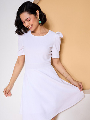 ZUMMER Women Fit and Flare White Above Knee/Mid Thigh Length Dress