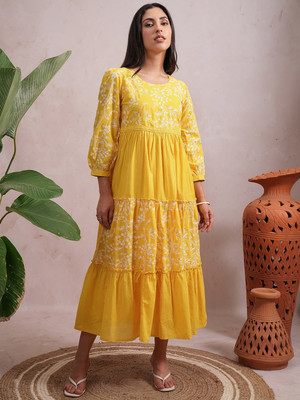 Vishudh Women Maxi Yellow, White Full Length Dress
