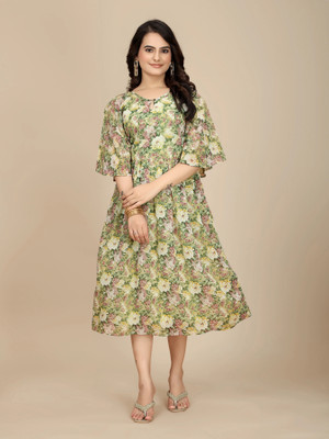 Westoria Women Fit and Flare Green Above Knee/Mid Thigh Length Dress