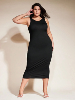 CILIMILI Women Bodycon Black Midi/Calf Length Dress