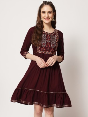 Sino Women Fit and Flare Maroon Dress