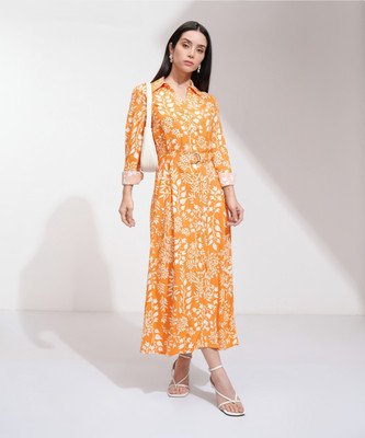 Tokyo Talkies Women Shirt Orange, White Maxi/Full Length Dress