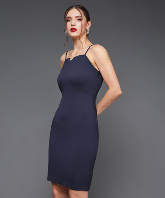Miss Chase Women Ruffled Dark Blue Midi/Calf Length Dress
