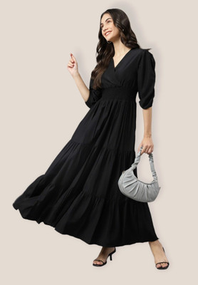 Jash Creation Women Fit and Flare Black Maxi/Full Length Dress
