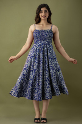 RILAKE Women Fit and Flare Dark Blue, White Midi/Calf Length Dress