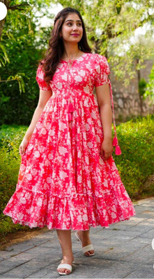 Clothmagnet Women Fit and Flare Pink, White Midi/Calf Length Dress