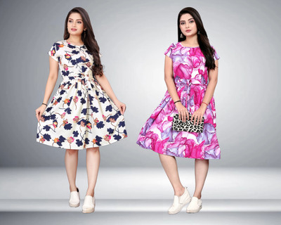 Nilkanth Fashion Women A-line White, Pink Knee Length Dress