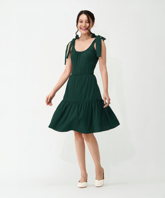 AASK Women Fit and Flare Dark Green Knee Length Dress
