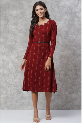 RANGRITI Women A-line Maroon Midi/Calf Length Dress