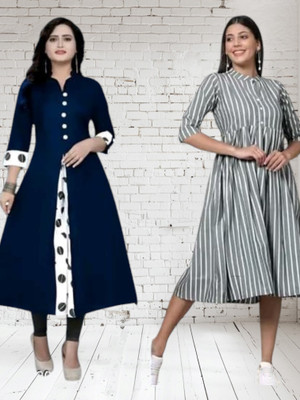 Texpamz Women Striped A-line Kurta(Blue, Grey)