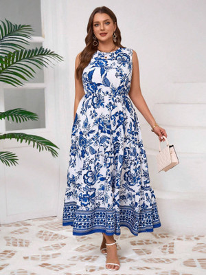 VM STUDIO Women Fit and Flare Blue Midi/Calf Length Dress