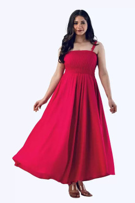 Biubaa Women Fit and Flare Red Maxi/Full Length Dress