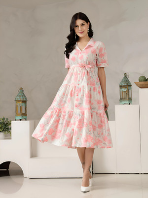 HouseOfCommon Women Fit and Flare White, Pink Below Knee Dress