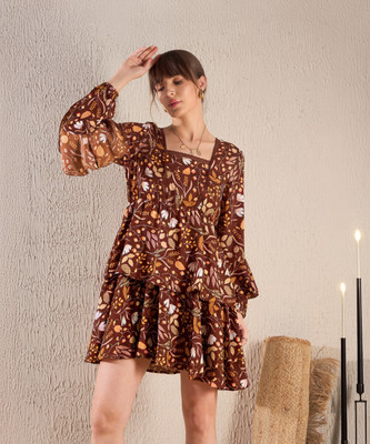 SASSAFRAS Women Fit and Flare Brown Above Knee/Mid Thigh Length Dress