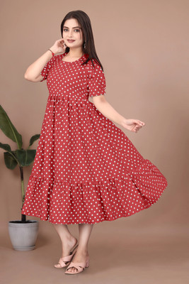 HIT FASHION HUB Women Fit and Flare Red Midi/Calf Length Dress