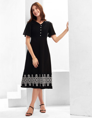 Selvia Women A-line Black Midi/Calf Length Dress
