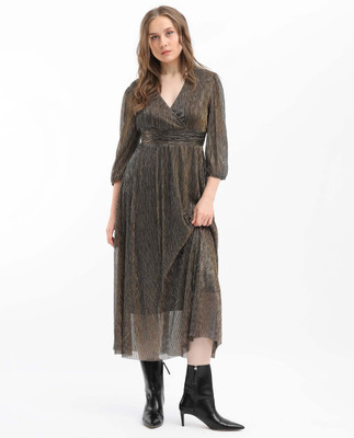 RAREISM Women Fit and Flare Gold Midi/Calf Length Dress