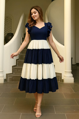 Bole Baba Enterprises Women A-line White, Blue Knee Length Dress
