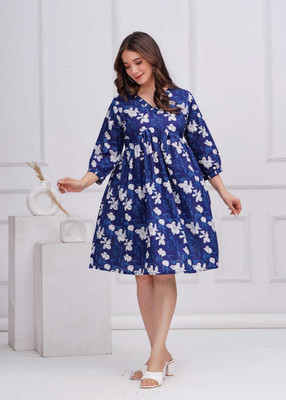 METRONAUT Women Gathered Dark Blue Knee Length Dress