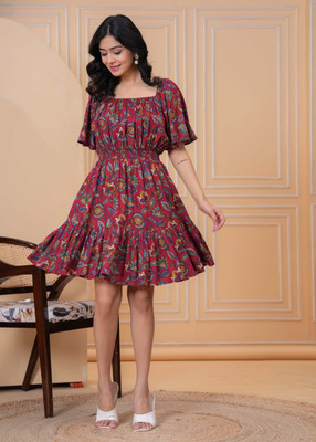 AKSHUNA Women Fit and Flare Maroon Above Knee/Mid Thigh Length Dress