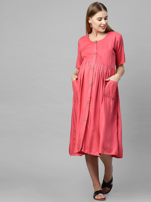 MomToBe Women Fit and Flare Gold Midi/Calf Length Dress