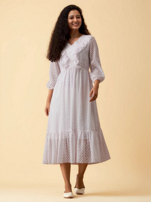 AASK Women Fit and Flare White Midi/Calf Length Dress